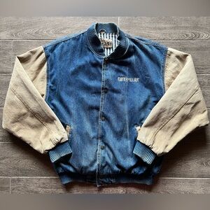 Vintage Caterpillar Denim Varsity Jacket Mens L Workwear CAT Snap Front